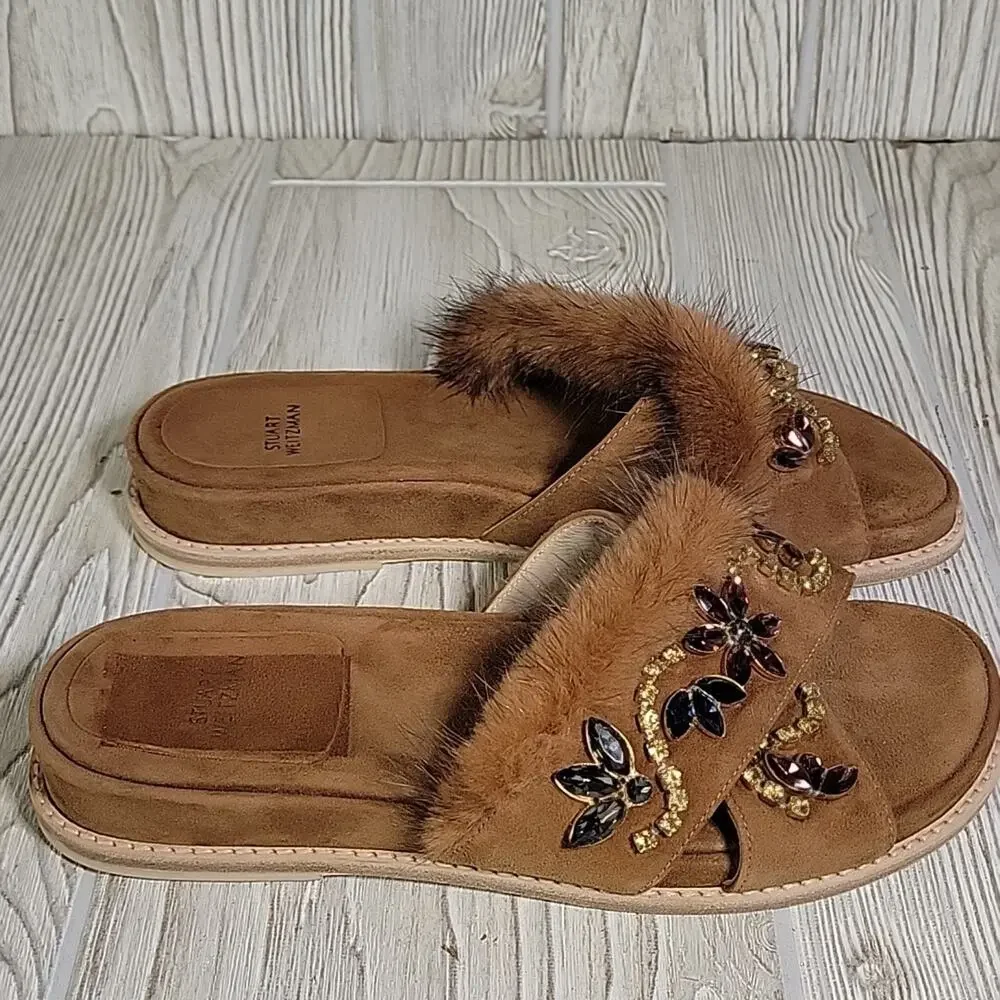 Stuart Weitzman Brown Nomedeplume Suede Mink Fur Jewel Sandal Womens 5.5 NEW